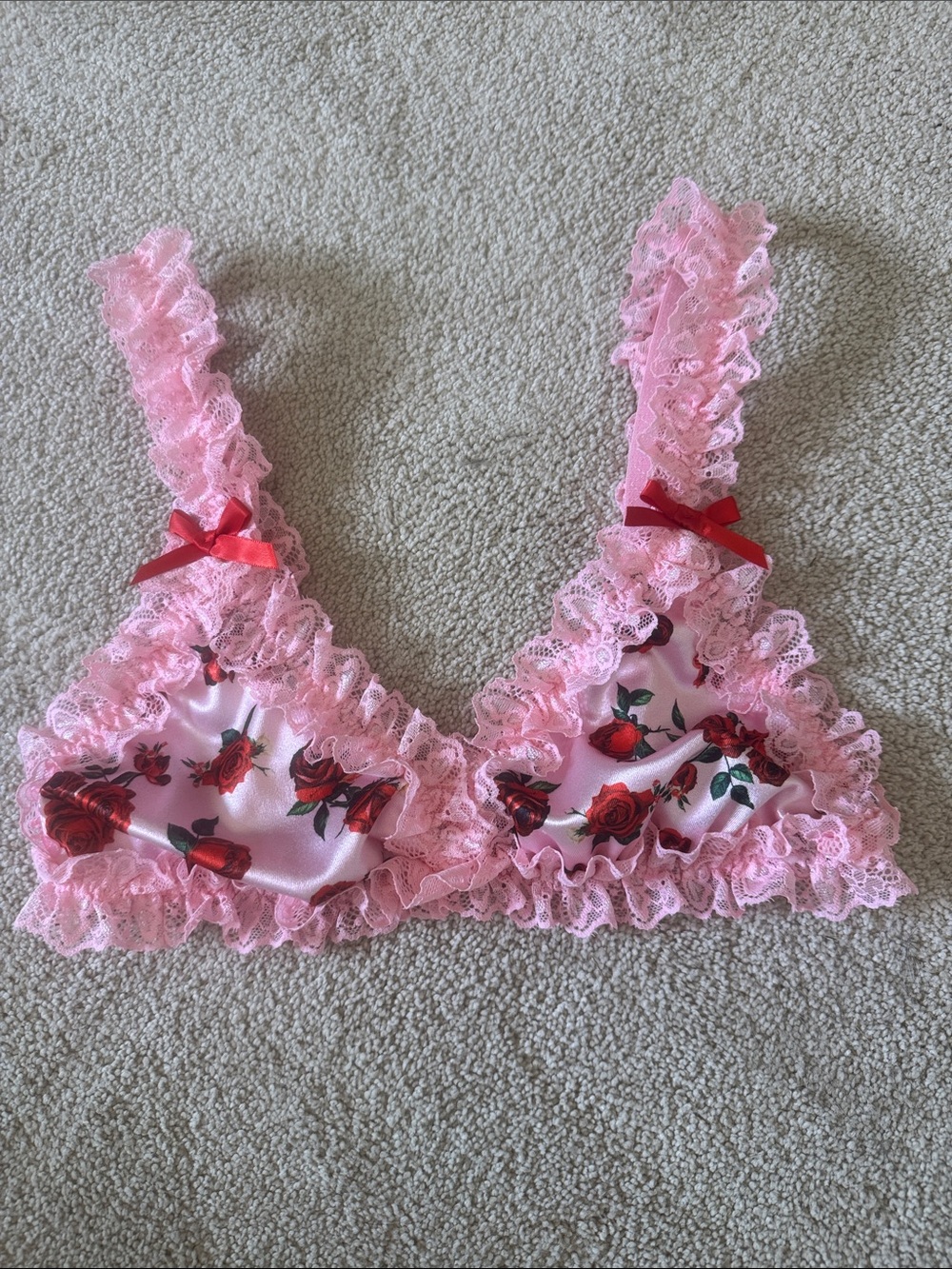 Pink Floral Lace Bralette with Red Rose Print